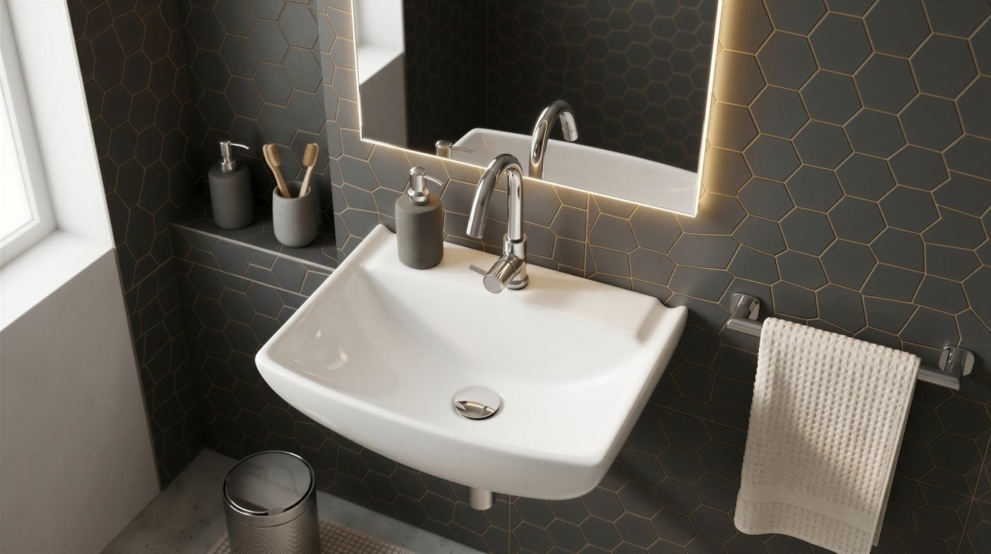 Wall-hung basin against dark hexagonal tile