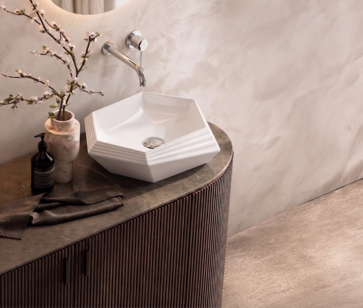Hexagonal vessel basin on a fluted vanity