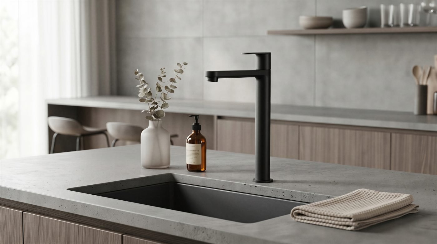 Matte black kitchen faucet over a concrete sink