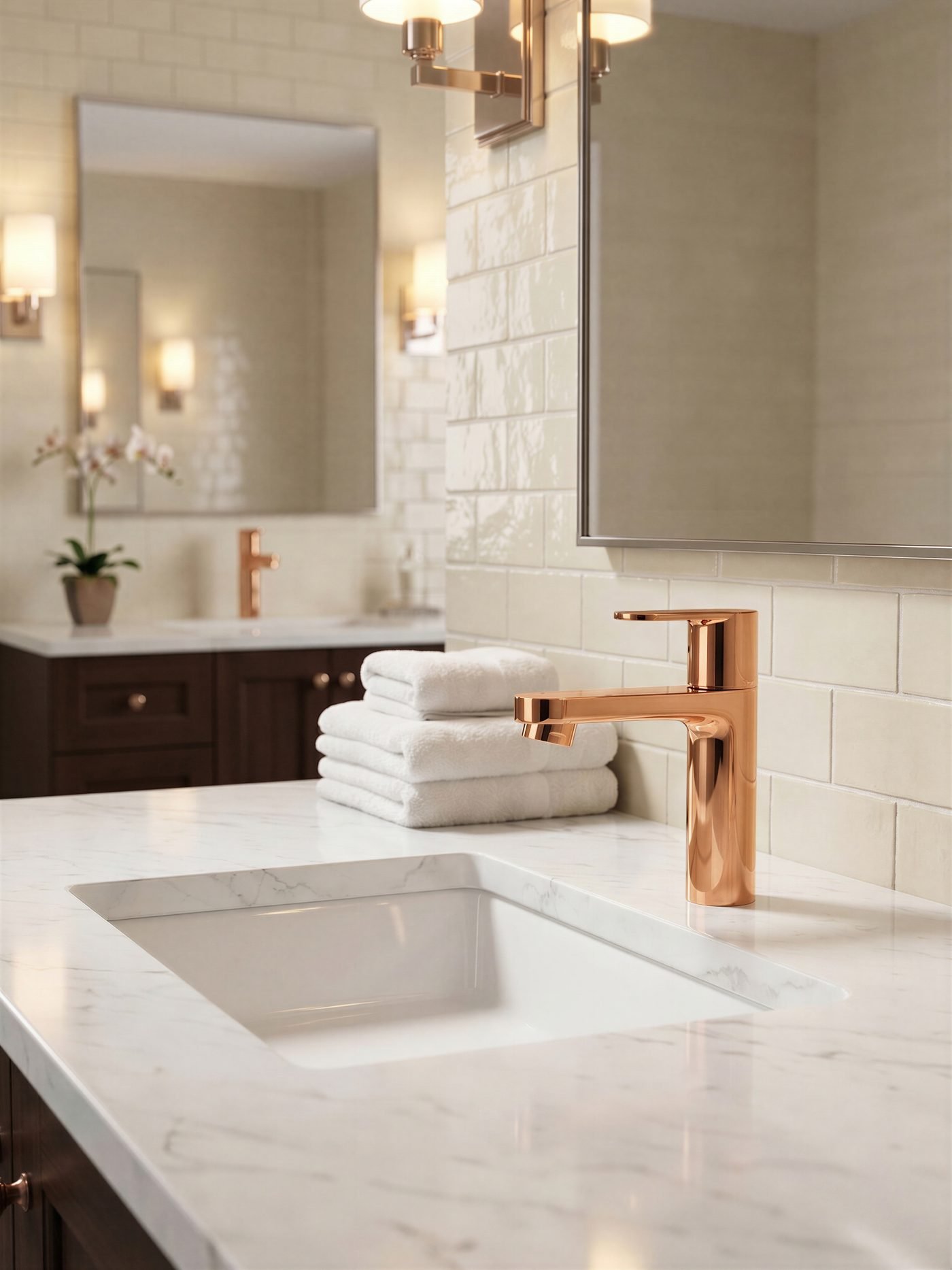 Rose gold basin faucet in a marble bathroom