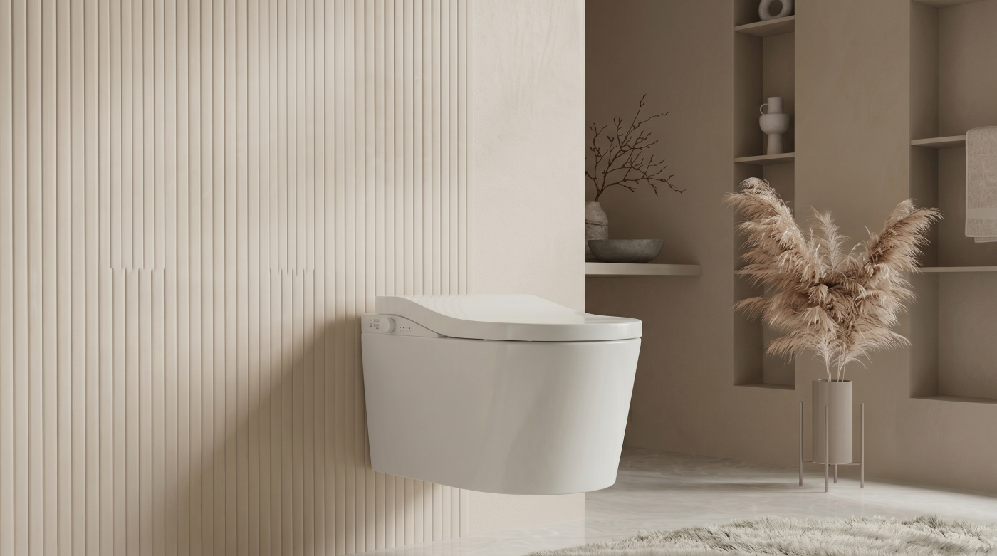 Wall-hung smart toilet in a minimalist bathroom